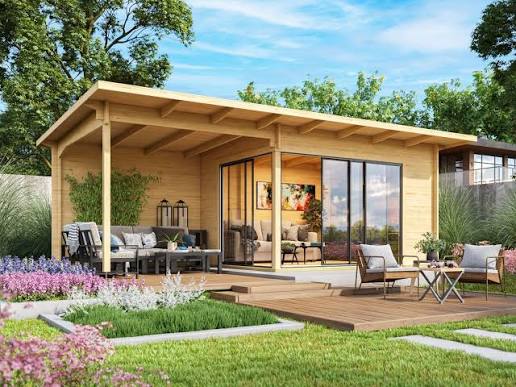 Wooden garden cabin with outdoor lounge and flower beds