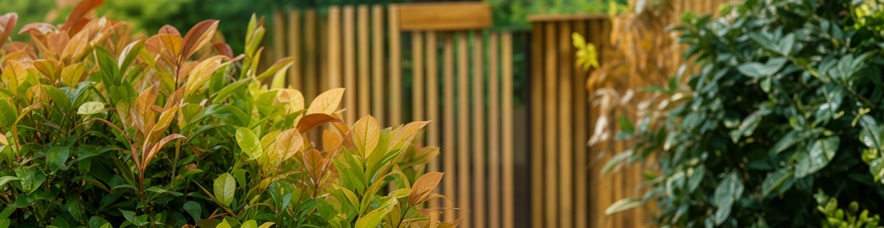 Garden shrubs in front of wooden screen