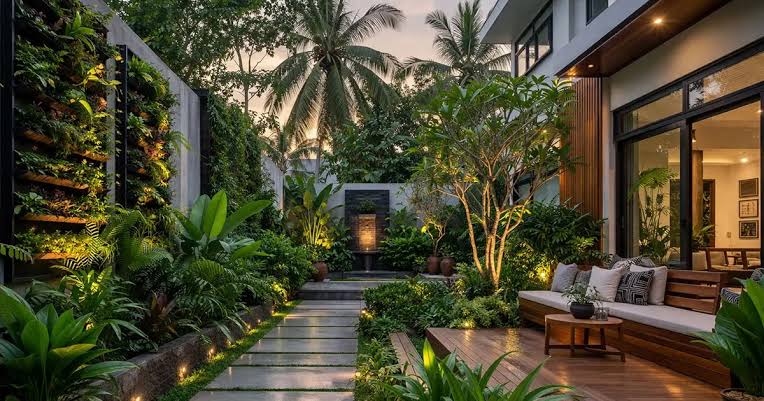 Twilight garden path with vertical green wall and deck