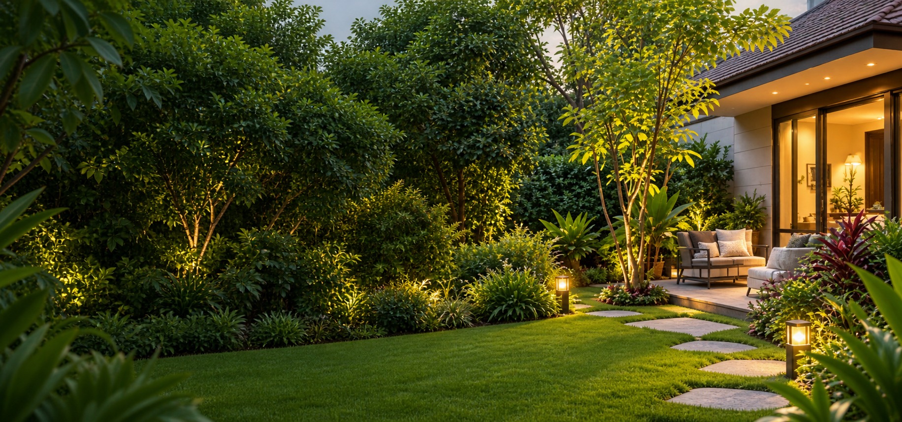 Luxury evening garden with warm lighting